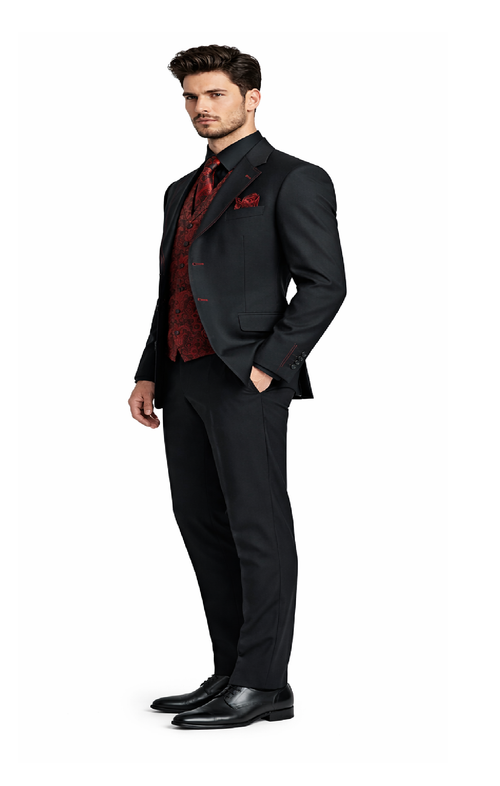 Paisley Suits - Wedding Tuxedo - Groom Red ~ Black Suit + Matching Bowtie