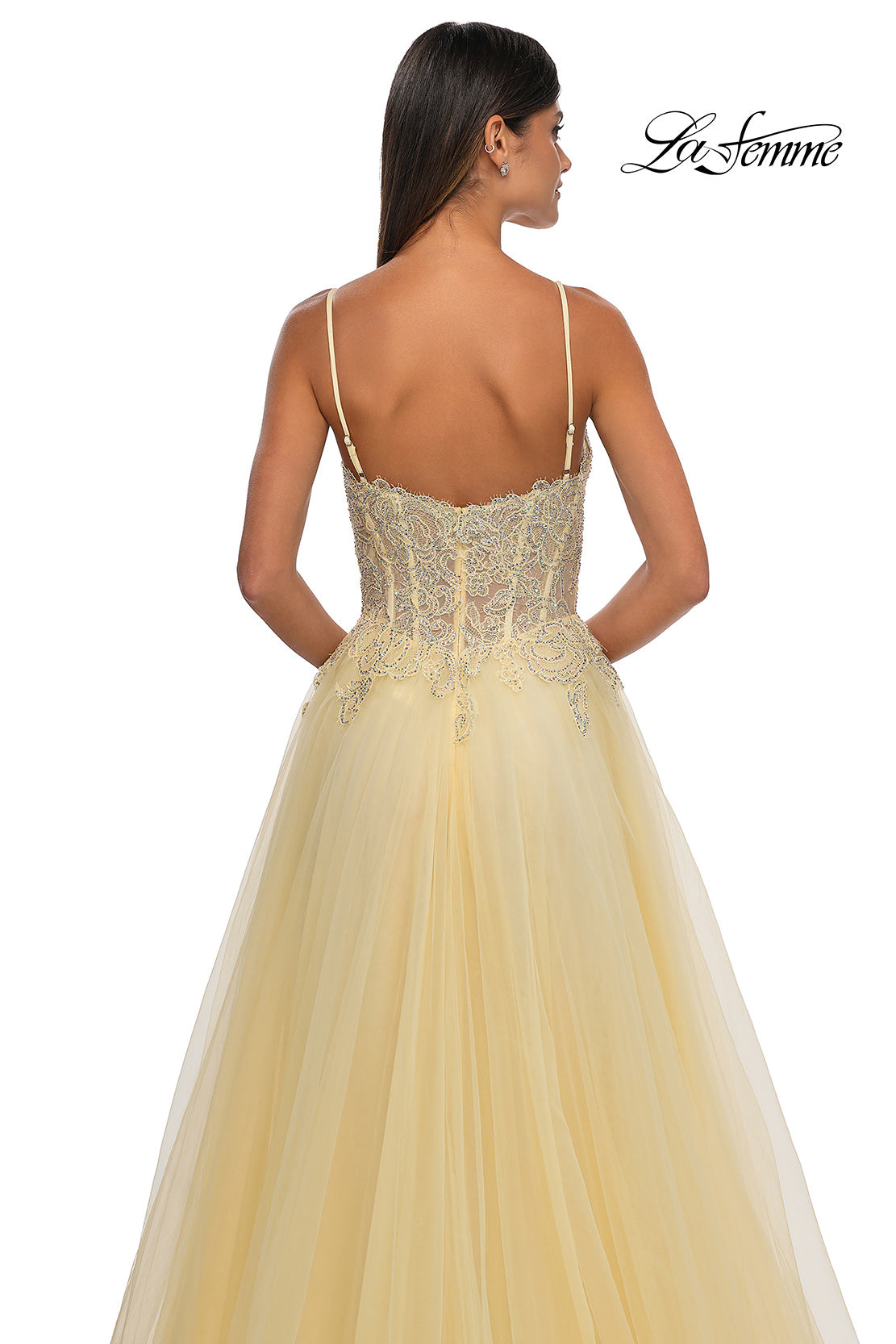 La Femme 32646 Lace Applique Sleeveless Prom Gown