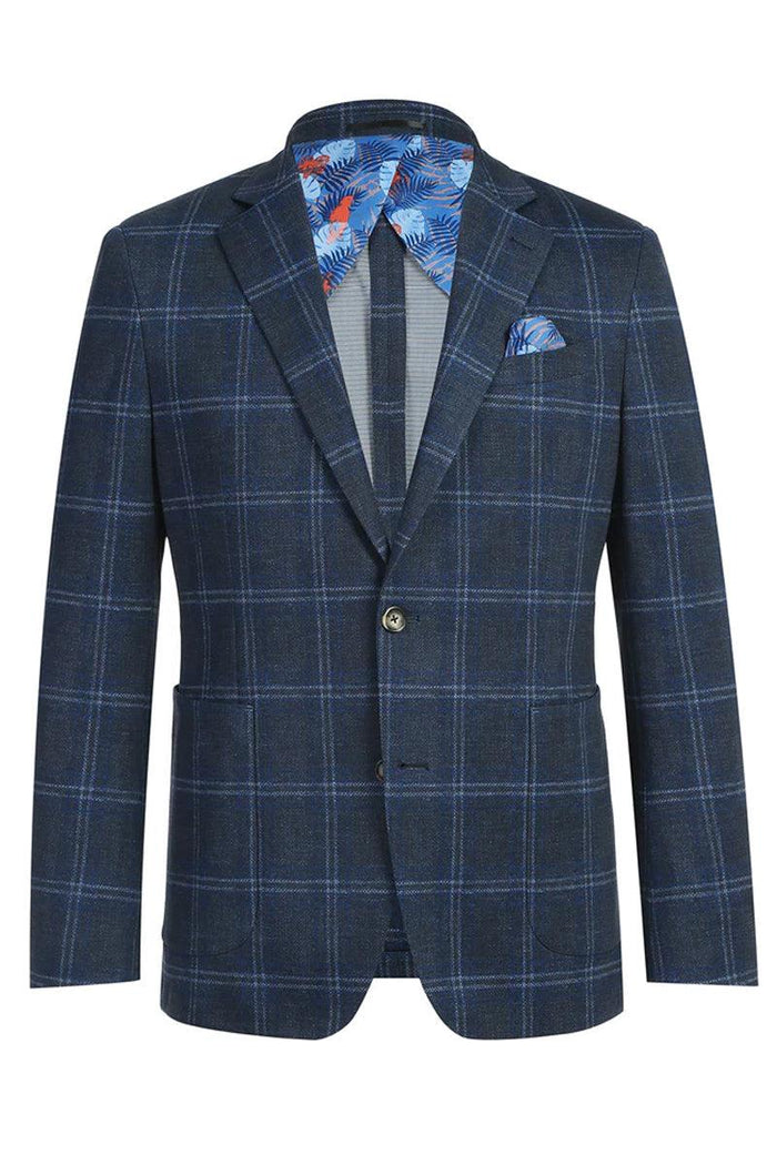 Navy windowpane blazer with tailored fit. Textured fabric, navy base with blue pattern. Floral lining (blue/orange). Features: pockets, single-button, notched lapels, breast pocket & square.
