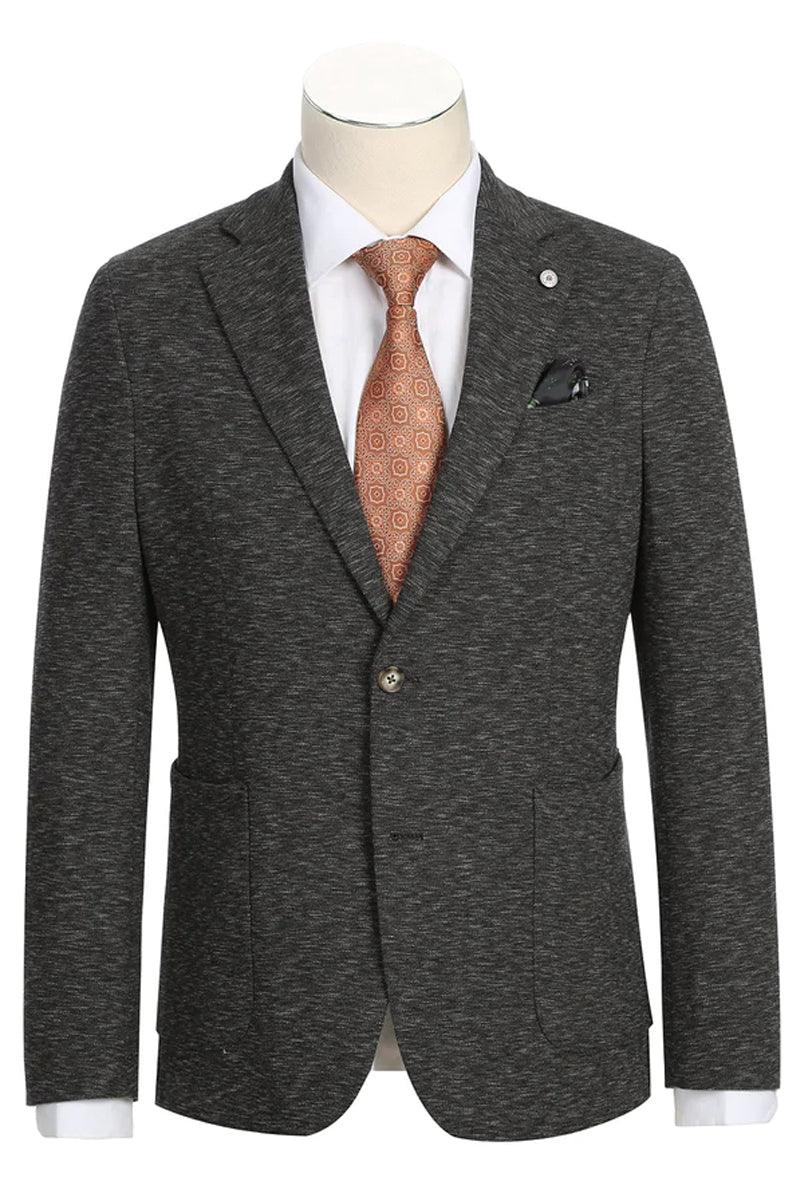 Men's slim fit charcoal grey cotton blazer. Half canvas construction. Notch lapel, patch pockets, chest pocket, and single-button closure.
