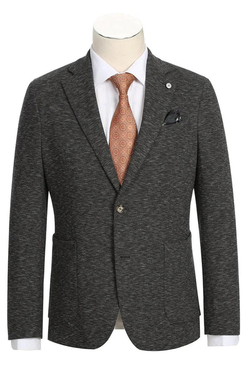Charcoal grey blazer with half canvas construction, notched lapel, and two patch pockets. Textured fabric and classic fit offer timeless elegance.
