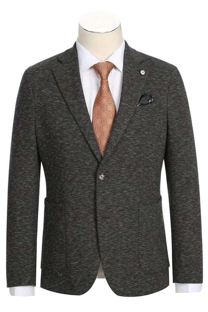 Charcoal grey blazer with half canvas construction, notched lapel, and two patch pockets. Textured fabric and classic fit offer timeless elegance.

