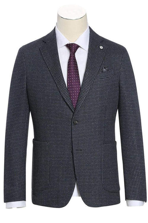 Men's slim fit charcoal grey mini check blazer. Half canvas construction, tailored shape. Single-breasted with two patch pockets and notch lapel. Cotton blend fabric with textured check pattern.
