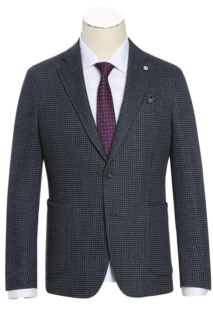 Men's slim fit charcoal grey mini check blazer. Half canvas construction, tailored shape. Single-breasted with two patch pockets and notch lapel. Cotton blend fabric with textured check pattern.
