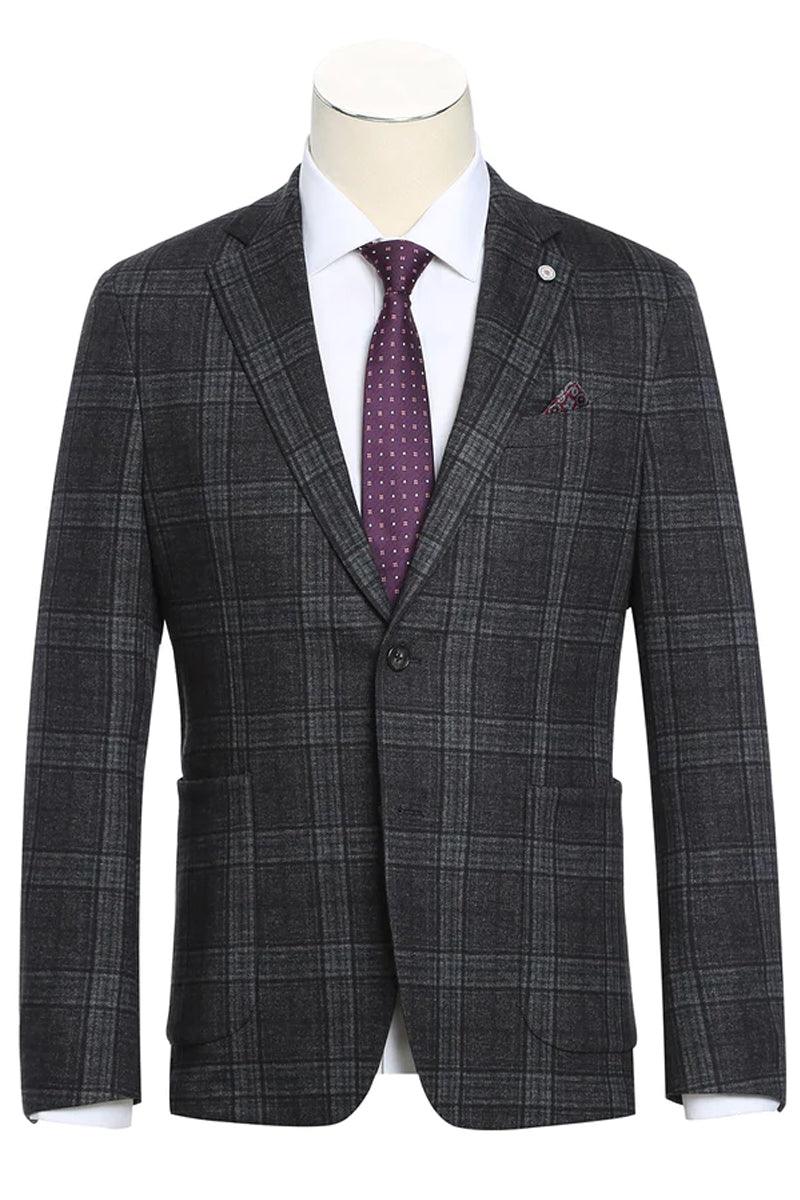 Pelagio grey-black windowpane plaid blazer. Structured shape, notch lapel, single-button closure. Grey with dark plaid, two front pockets. Textured fabric (wool blend likely). Formal design, contrasting lining.
