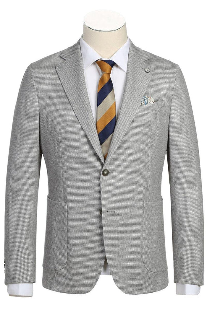 Men's grey textured sport coat. Half canvas, unconstructed. Patch pockets, notched lapels, single-button closure, button cuff details. Contrast pocket square.
