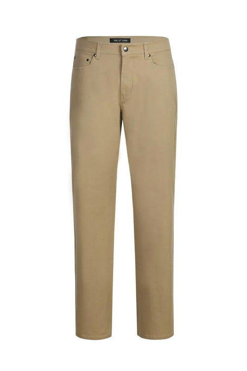 Men's khaki chino dress pants with a straight leg. Made of cotton stretch blend. Features five pockets, a smooth finish, and a button/zipper closure.
