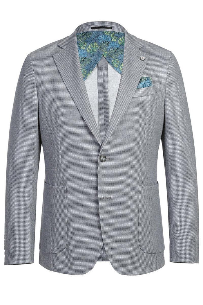Light grey unconstructed sport blazer. Perfect for prom/weddings. Features patch pockets and textured pattern. Contrasting interior lining with green leaf design.
