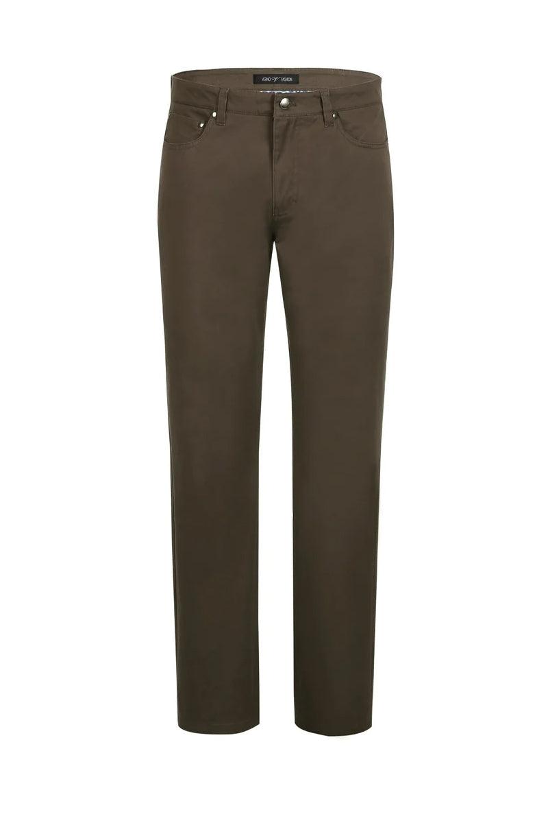 Men's straight-leg chino pants in solid brown. Five-pocket design with cotton stretch fabric. Soft texture with visible stitching. Moderate stretch for comfort.
