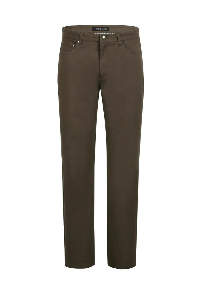 Men's straight-leg chino pants in solid brown. Five-pocket design with cotton stretch fabric. Soft texture with visible stitching. Moderate stretch for comfort.
