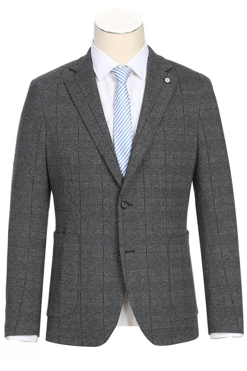 Men's charcoal grey slim fit blazer with windowpane plaid. Lightweight cotton, notched lapel, patch pockets, and single-button closure. Summer-ready, tailored for a fitted silhouette.
