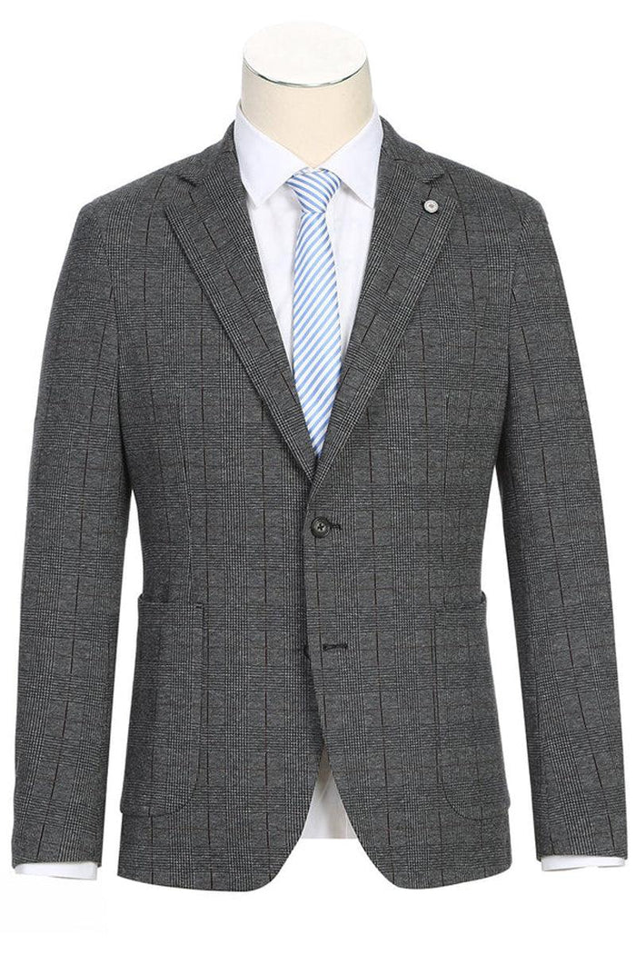 Men's charcoal grey slim fit blazer with windowpane plaid. Lightweight cotton, notched lapel, patch pockets, and single-button closure. Summer-ready, tailored for a fitted silhouette.
