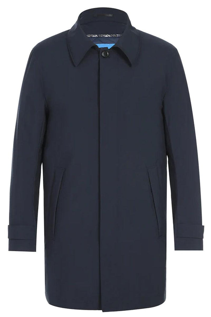 Navy men's three-quarter raincoat. Classic design with a structured collar, button closure, and side pockets. Long sleeves with cuffs and a smooth finish.
