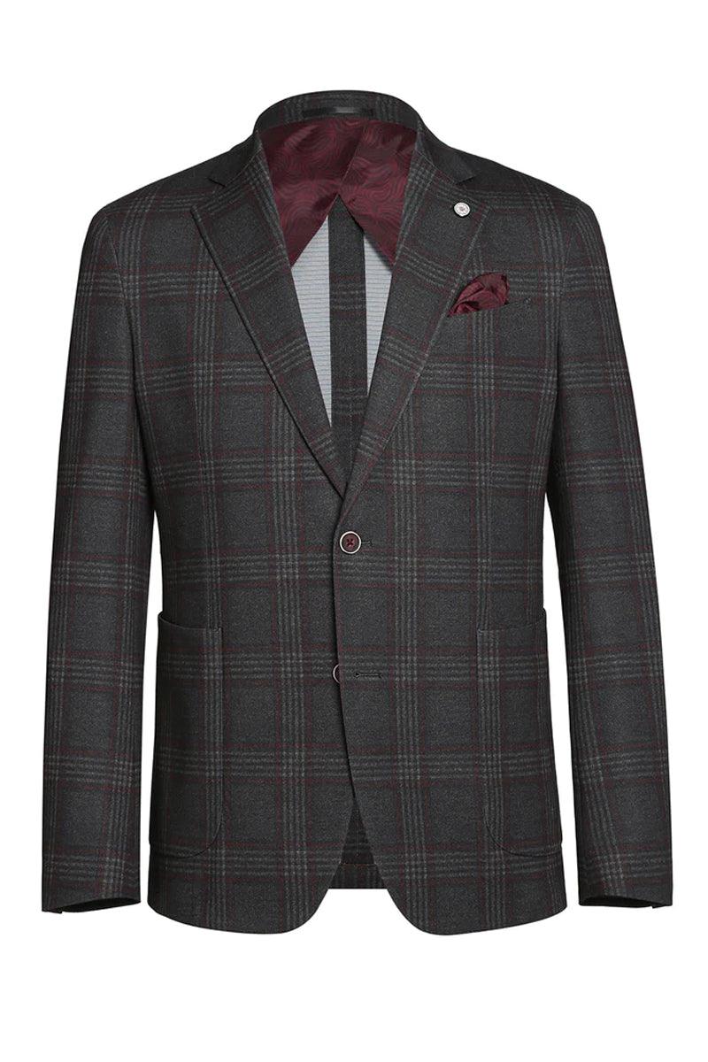 Tailored charcoal gray plaid blazer with double-button closure and notched lapels. Textured fabric with gray/burgundy plaid. Features front pockets, decorative pocket square, and burgundy lining.
