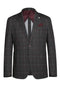 Tailored charcoal gray plaid blazer with double-button closure and notched lapels. Textured fabric with gray/burgundy plaid. Features front pockets, decorative pocket square, and burgundy lining.

