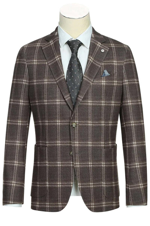 Pellagio men's slim cotton blazer with brown windowpane plaid and light beige lines. Tailored fit, patch pockets, half canvas construction, button closure, and notch lapel.

