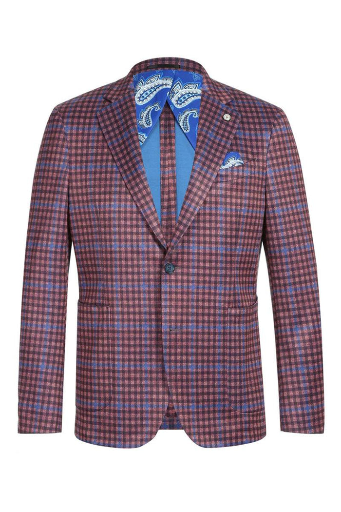 Men's slim-fit, unconstructed summer blazer in burgundy/blue windowpane plaid. Cotton, two-button closure, notch lapel, solid blue lining. Features two pockets and pocket square. Lightweight, casual design for warmer weather.

