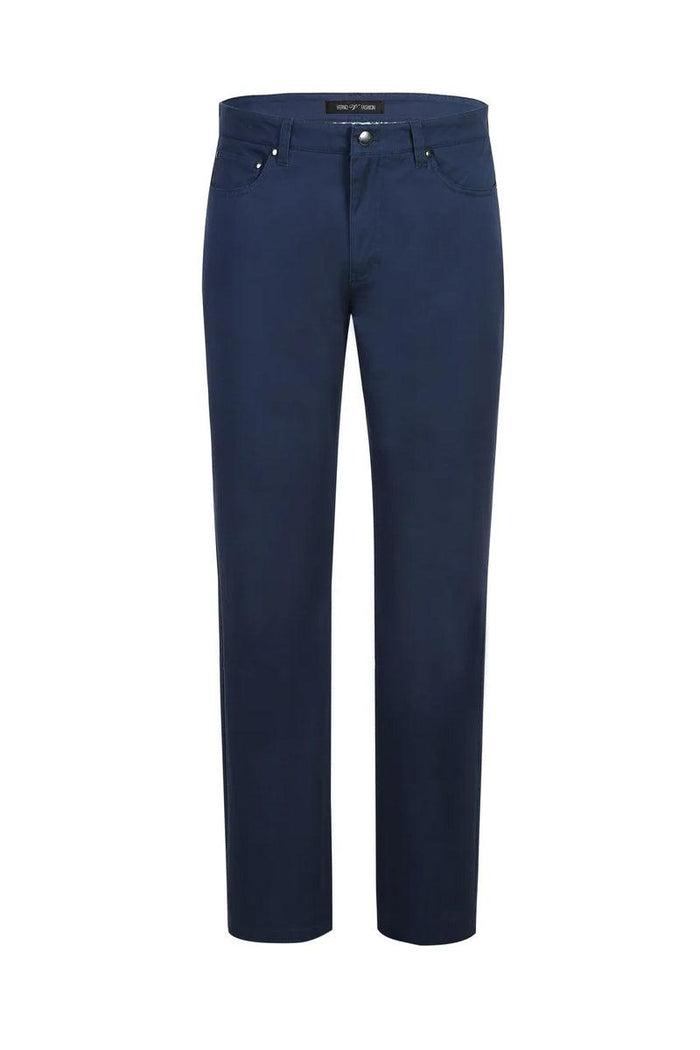 Men's blue cotton-stretch chino pants with a straight leg. Lightweight, solid color, five-pocket design. Classic details include belt loops and four pockets.
