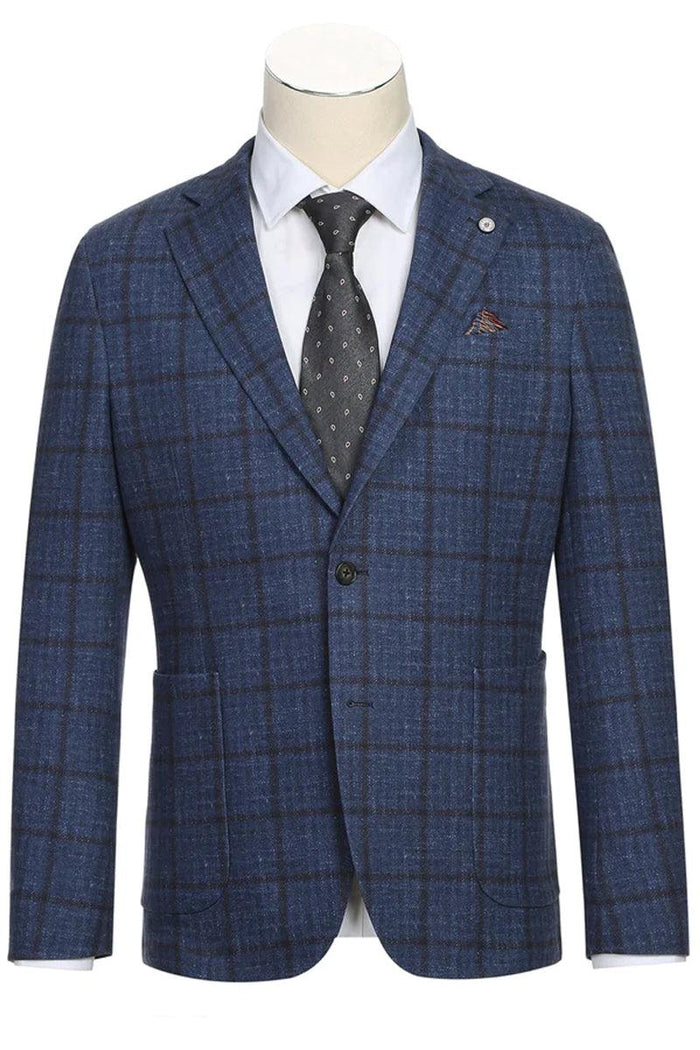 Navy windowpane plaid blazer. Structured form, single-button closure, notch lapels, two front pockets. Navy fabric with a light check pattern. Long sleeves, smooth lined interior, refined silhouette.
