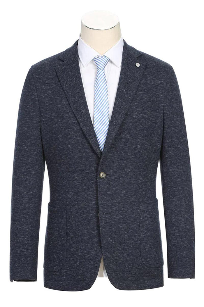 Navy slim-fit men's cotton blazer. Half-canvas, patch pockets, single-button closure, and textured, lightweight fabric. Perfect for summer. Paired with a striped tie for contrast. Fitted silhouette.

