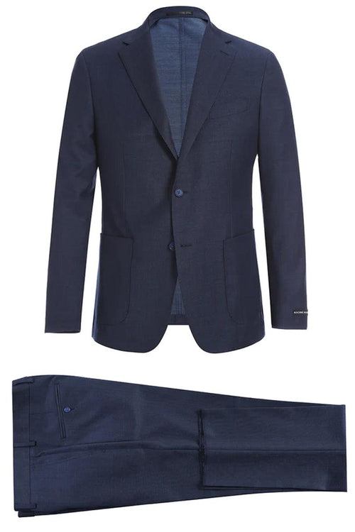 Navy blue suit: elegant blazer with two-button closure, peak lapels, and pockets. Matching straight-leg trousers. Smooth, uniform fabric for a sophisticated look.
