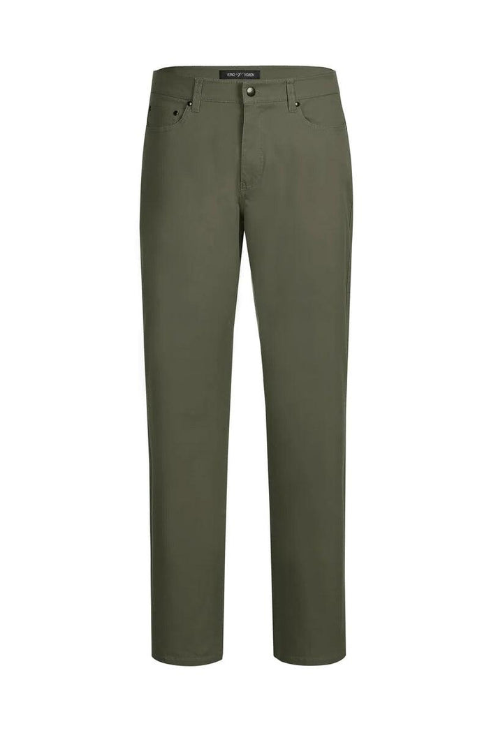 Olive green men's chino pants with a straight-leg fit. Made from cotton stretch with a mid-rise waist. Features five pockets and subtle stitching details. Solid olive color.

