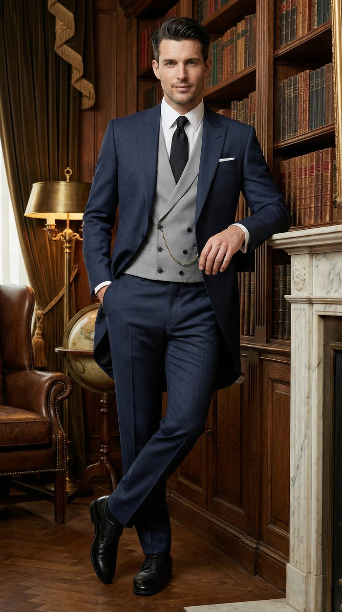 Men’s Navy Blue Three-Piece Formal Suit – Cutaway Blazer and Trousers for Wedding Tailcoat