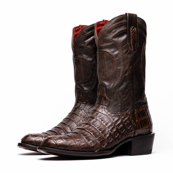 Marco Di Milano Phoenix Cowboy Boots: Aged brown caiman crocodile leather with a round toe and tall shaft. Textured exterior, contrasting red interior. Block heel, visible stitching.
