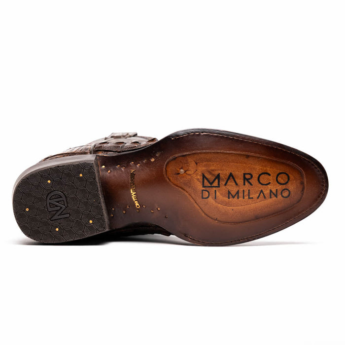 Marco Di Milano Phoenix Cowboy Boots: Aged brown caiman crocodile texture leather upper, round toe. Leather outsole with grip & logo. Classic cowboy boot construction, sturdy build.
