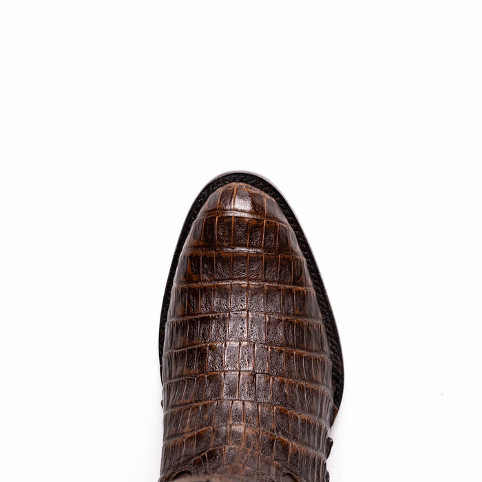 Marco Di Milano Phoenix Cowboy Boots in aged brown caiman crocodile. Rounded toe, textured leather with grid pattern. Darker edge detailing the boot's silhouette.
