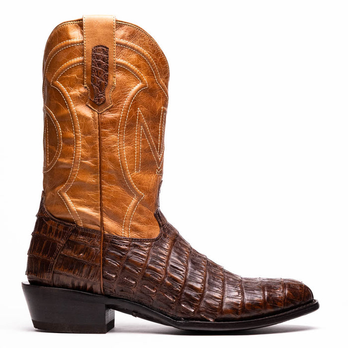 Marco Di Milano Phoenix Cowboy Boots. Aged maple leather upper with embossed design, contrasted by dark brown caiman crocodile on the lower section. Round toe, tall shaft, stacked heel.
