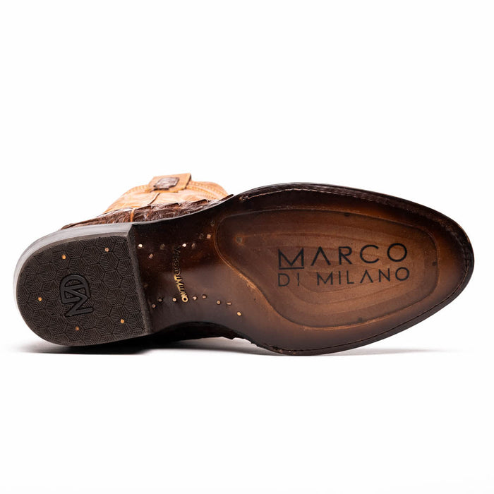 Marco Di Milano Phoenix cowboy boots: Aged maple caiman crocodile leather, round toe. Textured black rubber sole with hexagonal pattern and branding.
