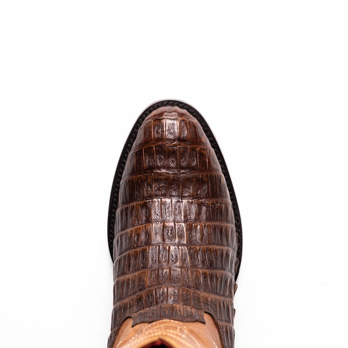 Marco Di Milano Phoenix cowboy boots. Brown, textured crocodile leather upper with beige collar. Round toe, black sole. Aged maple finish.
