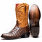 Marco Di Milano Phoenix cowboy boots. Aged maple caiman crocodile and tan leather upper. Round toe, decorative stitching, mid-calf height. Black rubber sole with logo.

