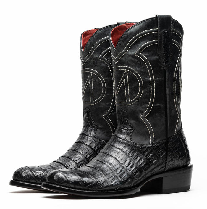 Marco Di Milano Phoenix Cowboy Boots: Black caiman crocodile, round toe, white shaft stitching. Red interior lining. Low heel, slight toe curve. Glossy finish.
