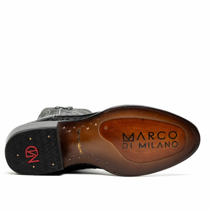 Black caiman crocodile cowboy boots by Marco Di Milano. Round toe design. Combination wood/rubber sole with honeycomb grip. Branded insole.
