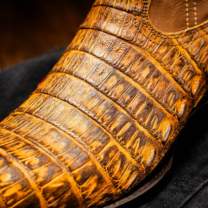 Mustard brown Marco Di Milano Phoenix cowboy boots. Round toe, crafted from textured caiman crocodile leather. Features rich color variations, showcasing natural crocodile patterns.
