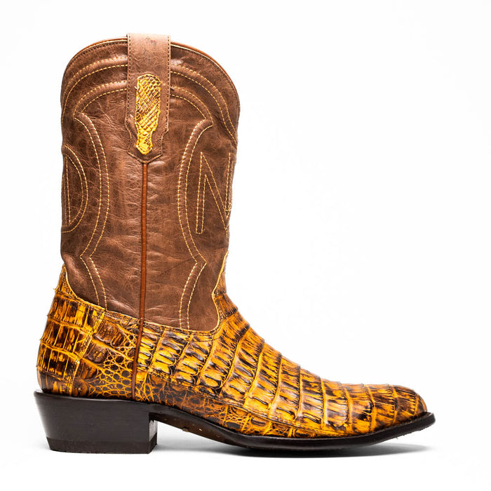 Marco Di Milano Phoenix cowboy boots: Round toe, yellow/brown caiman leather upper with brown leather shaft. Detailed stitching, stacked heel.
