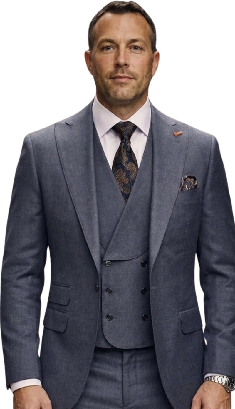 Mens Wool Suit - Ticket Pocket Big Lapel Single button Double breasted Vest By Statement in Color Charcoal