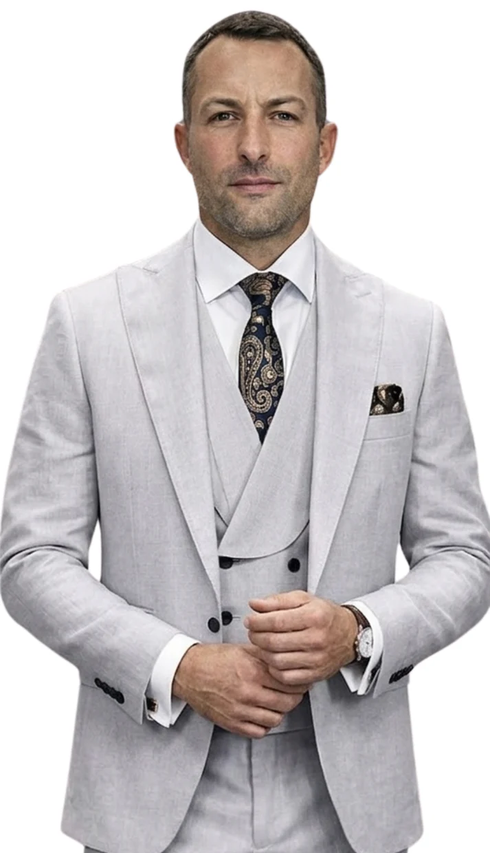Mens Wool Suit - Ticket Pocket Big Lapel Single button Double breasted Vest By Statement in Color Grey