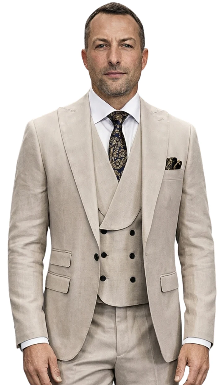 Mens Wool Suit - Ticket Pocket Big Lapel Single button Double breasted Vest By Statement in Color Tan
