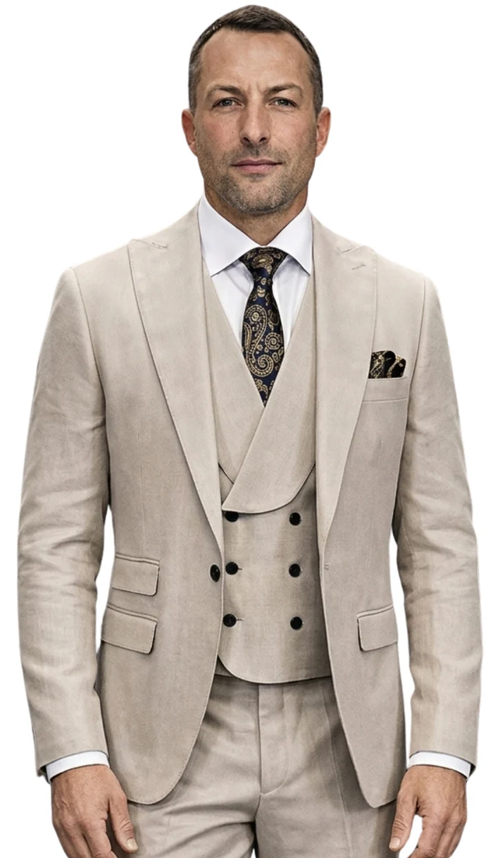 Mens Wool Suit - Ticket Pocket Big Lapel Single button Double breasted Vest By Statement in Color Tan