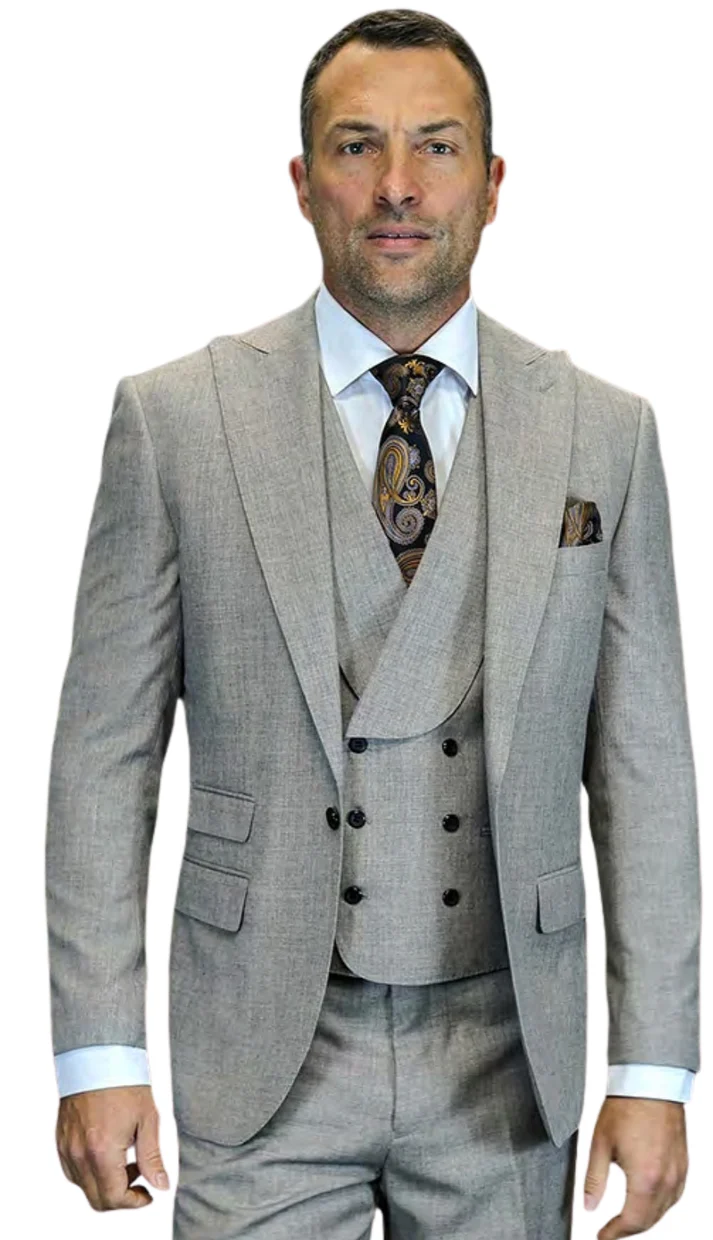 Mens Wool Suit - Ticket Pocket Big Lapel Single button Double breasted Vest By Statement in Color Taupe