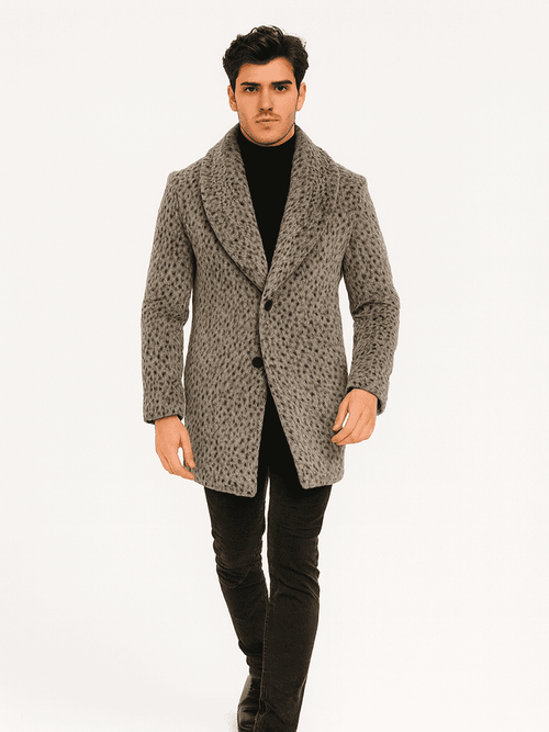 Men's vintage faux fur coat in leopard print, gangster style. Long, tailored shape with shawl collar, two buttons. Gray base with darker pattern. Soft, textured material. Fitted, long sleeves.

