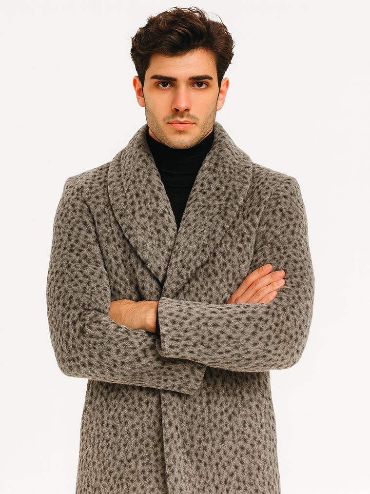 Men's vintage-style coat with leopard faux fur. Long, relaxed fit, shawl collar, and wide sleeves. Gray base with darker leopard print.
