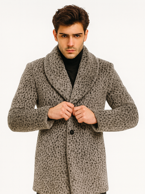 Vintage men's leopard faux fur coat. Long, tailored silhouette with shawl collar and single-button closure. Gray base with darker leopard spots. Tapered sleeves, classic 1920s gangster style.