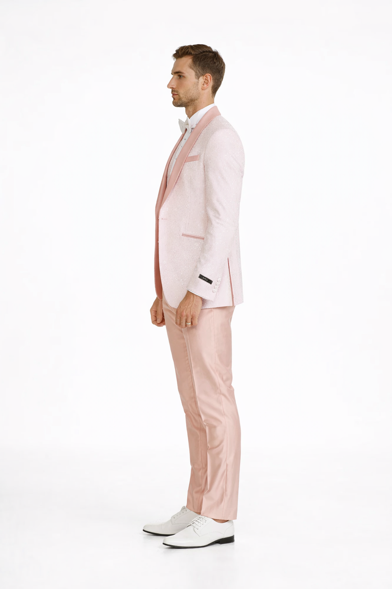 Rose Gold Pink Slim Fit Tuxedo 4 Piece with Satin Shawl Collar Beveled Designed Vest