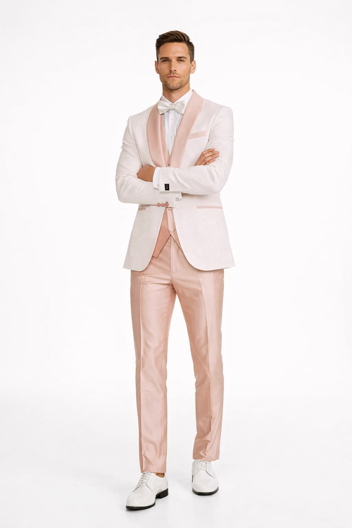 Rose Gold Pink Slim Fit Tuxedo 4 Piece with Satin Shawl Collar Beveled Designed Vest