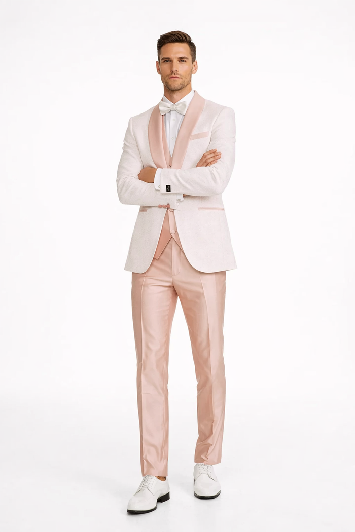 Rose Gold Pink Slim Fit Tuxedo 4 Piece with Satin Shawl Collar Beveled Designed Vest