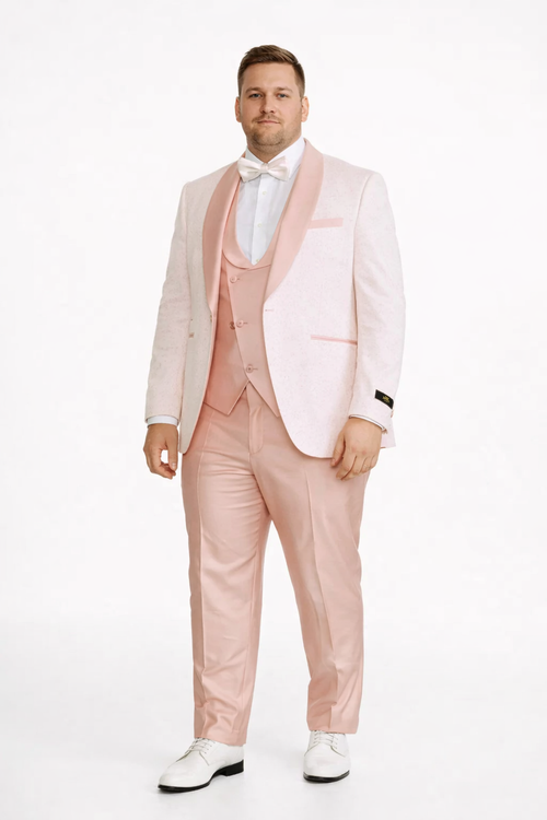Rose Gold Pink Slim Fit Tuxedo 4 Piece with Satin Shawl Collar Beveled Designed Vest